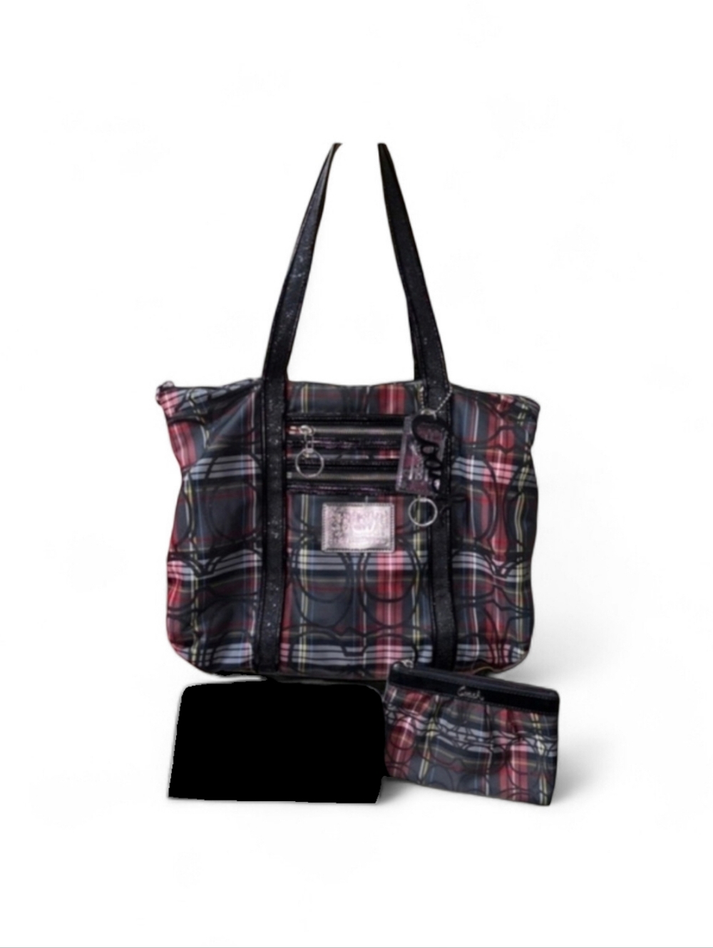 Coach POPPY TARTAN GLAM Tote/Wristlet Set with Red/Black Script And 2 Hangtags